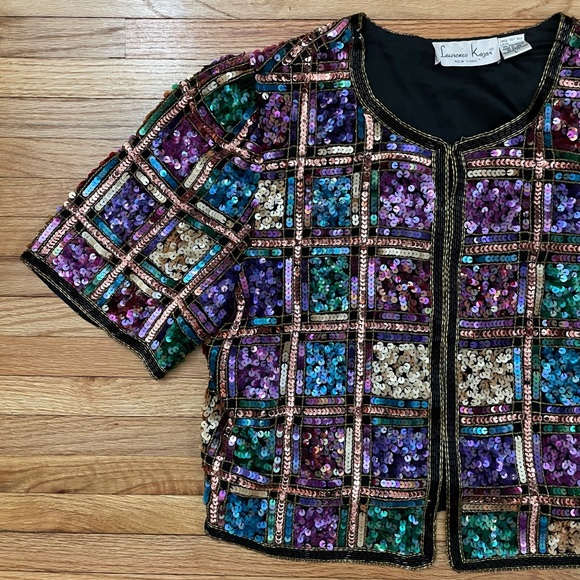 Vintage Laurence Kazar Checkered Sequin & Beaded Short Sleeve Silk Cardigan